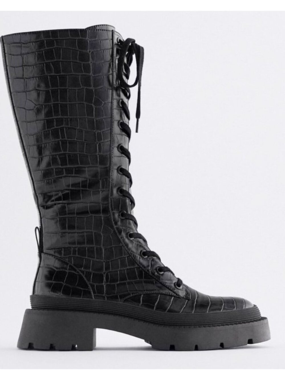 NEW! Zara Black Lug Sole Faux Croc Chunky Lace Zipper Tall Combat Boots 38 7.5 - Picture 5 of 14